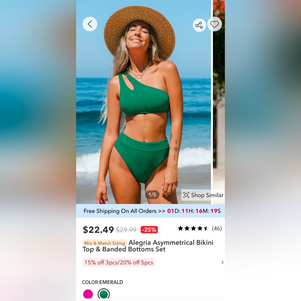  Alegria Asymmetrical Bikini Top & Banded Bottoms,gorgeous emerald green color